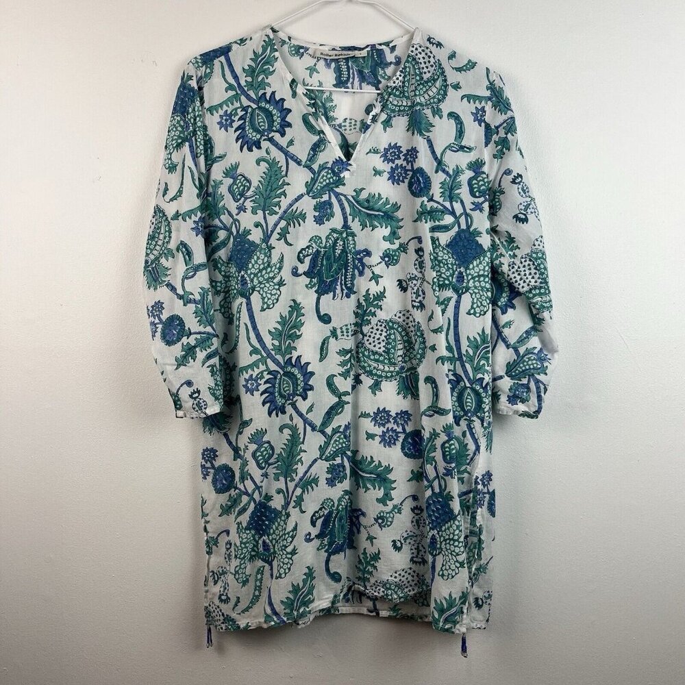 ROLLER RABBIT Amanda Kurta Tunic‎ Top Women Small Blue Green Popover Cotton